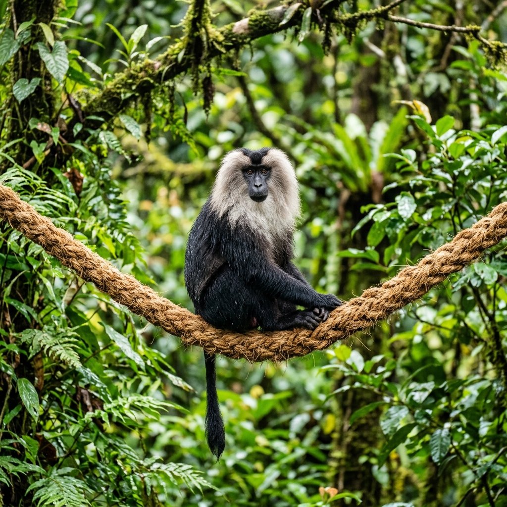 A beautiful Lion-tailed Macaque sitting on a tree branch in the high canopy