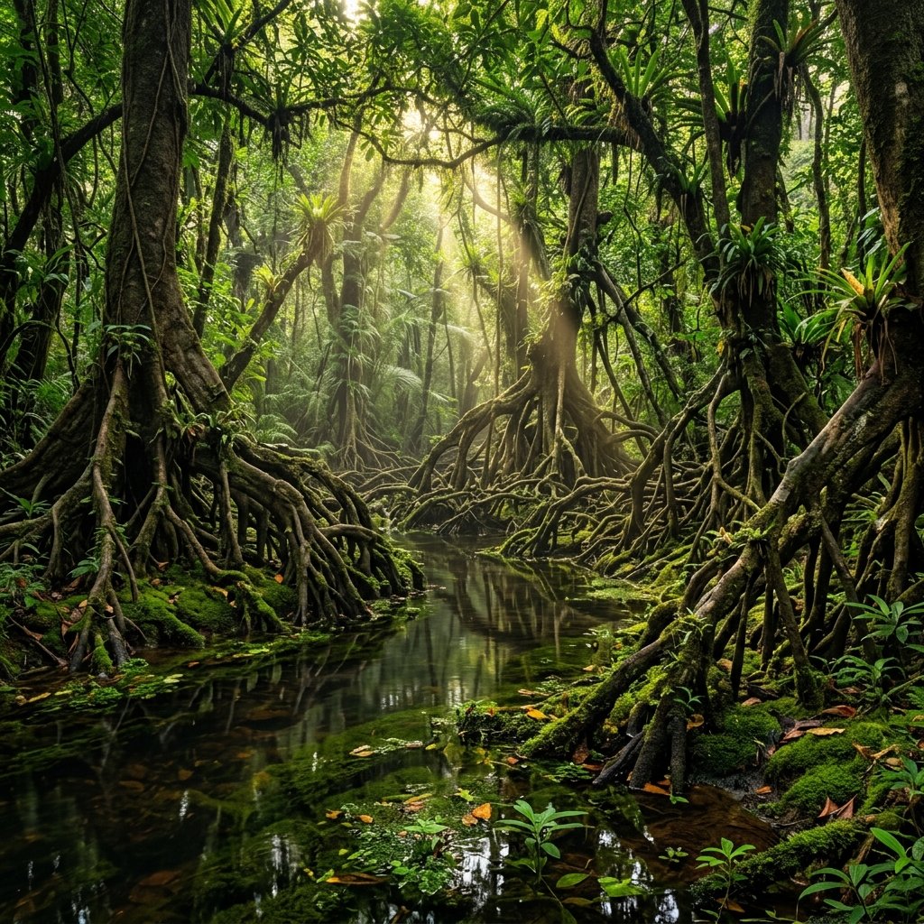 A pristine, mossy forest stream carving through green rocks and roots