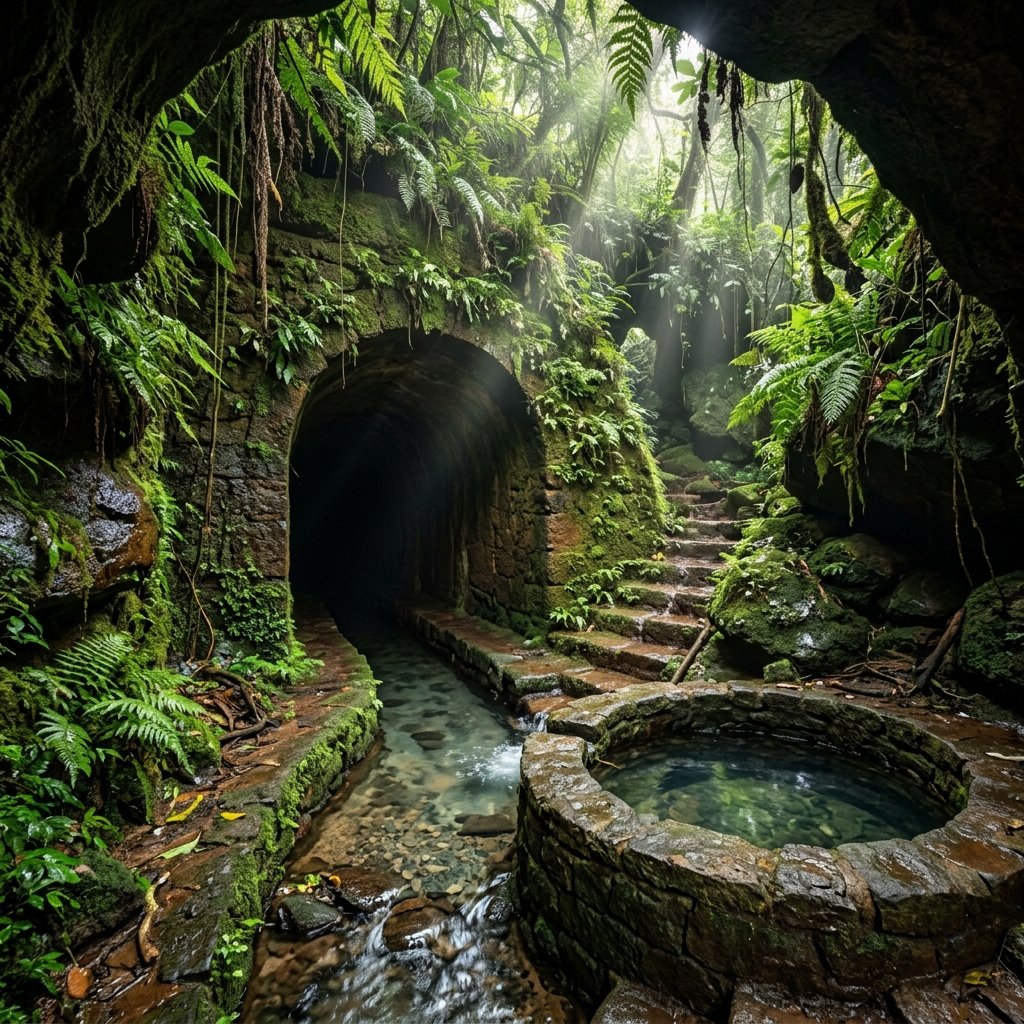A misty jungle stone well and gravity spring system